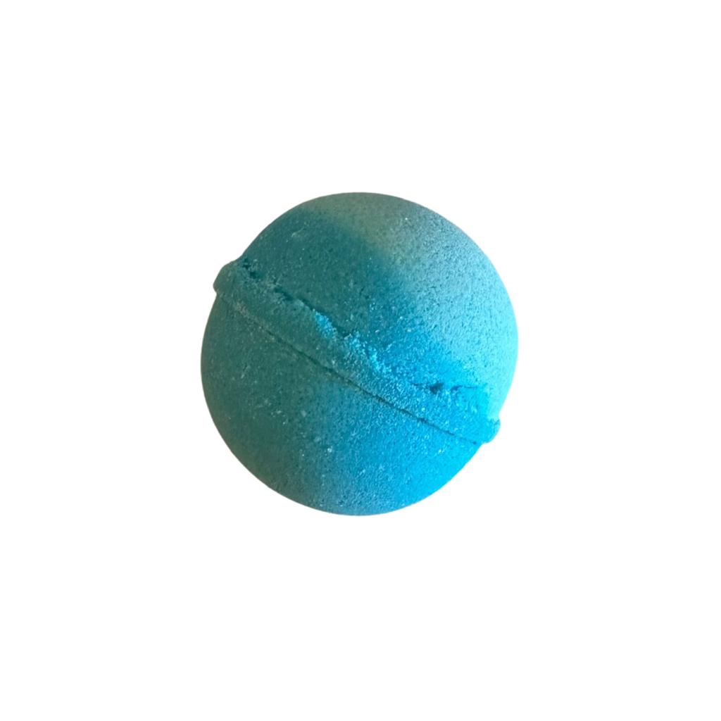 blue colored bath bomb with eucalyptus mist scent